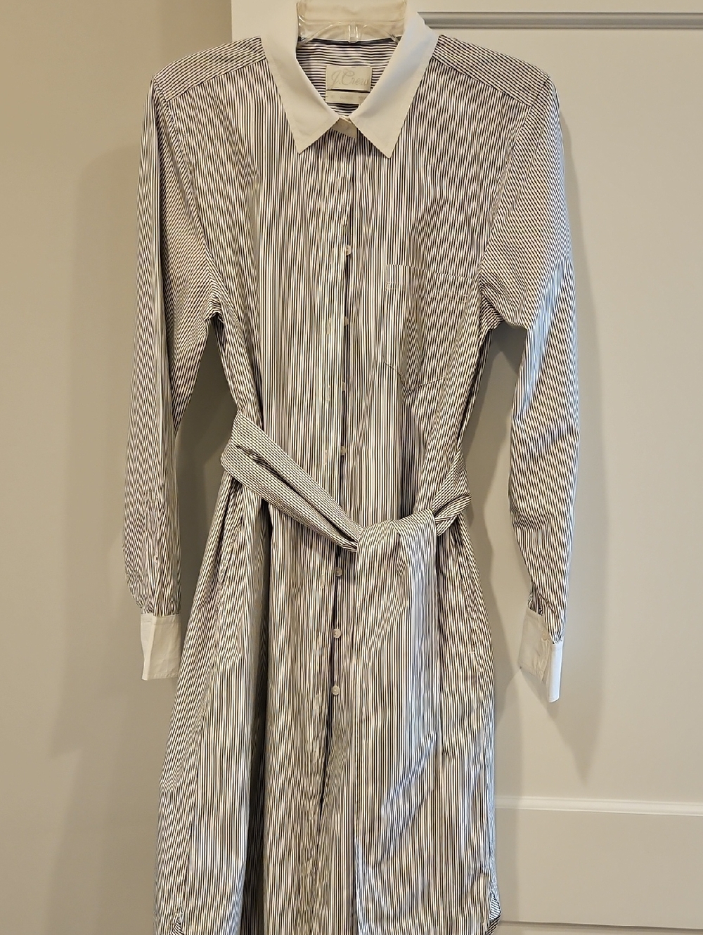 J. Crew Classic Black-and-White Striped Shirt Dress with White Collar & Belt 12T
